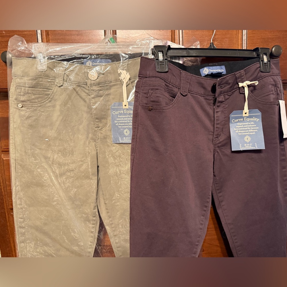 NWT two pairs of Democracy Curve Equality Pants in Beige and Purple